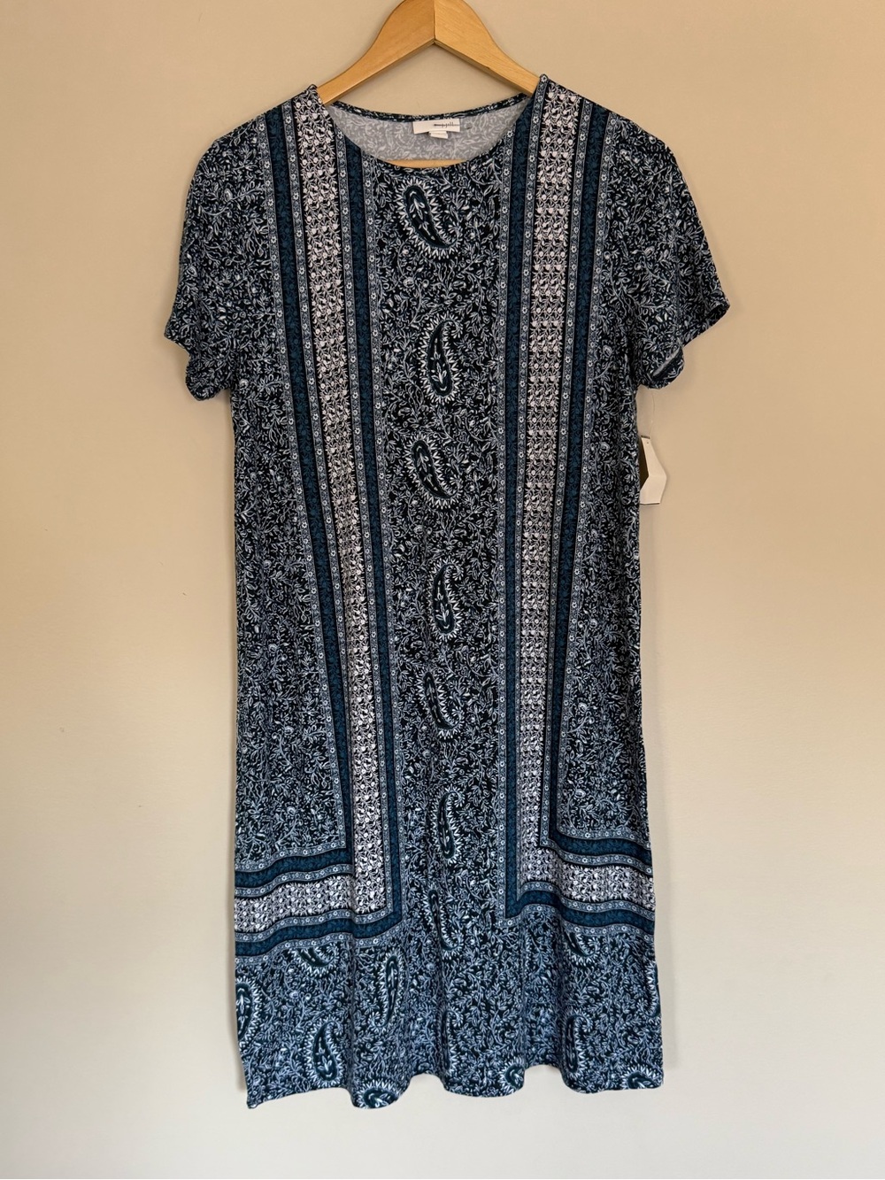 NEW J. JILL Blue Border Paisley Vine Print Short Sleeve Jersey Shift Dress Sz S